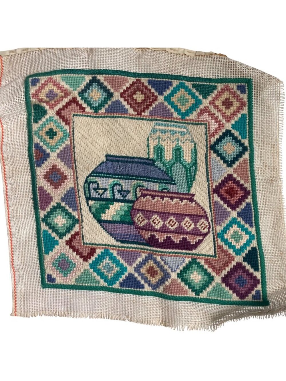 Vintage Needlepoint Southwestern Vases Pottery 14" x 14" Finished Pillow Cover